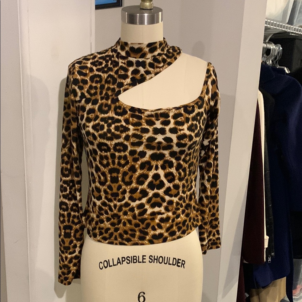 Leopard Print Asymmetrical Cut Out Blouse